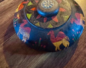Antique Painted  Moroccan Wooden Round Opium Box