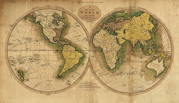 Antique Old Rare Map ASIA POLYGLOTTA 1741 Canvas Cotton w// Vintage Wooden Hanger