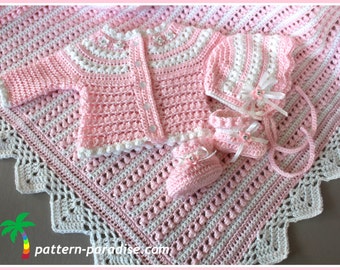 Häkelanleitung Babyausstattung 4 Stück, Decke Pullover Booties Bonnet, Perlen und Spitze SET