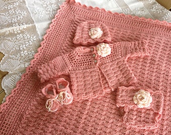 Crochet Pattern, Baby Layette 5 Pieces, Blanket Sweater Booties Diaper Cover Beanie Hat INSTANT DOWNLOAD