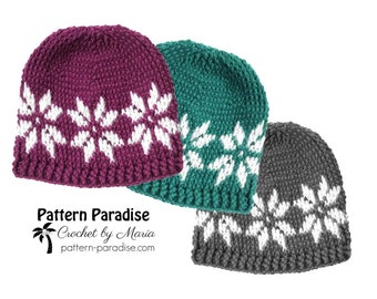 Crochet Pattern for Snowflake Beanie, Hat, Slouch, Pompom Hat,  Crochet Hat, Graphic Hat, Snow Flake Hat