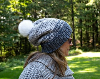 Crochet Pattern for Slouchy, Hat, Beanie, Pompom Hat, Adult Hat, Crochet Hat