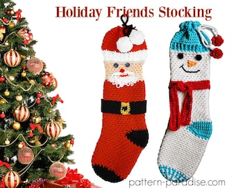 Crochet Pattern for Christmas Stocking, Holiday Friends Snowman Santa Claus PDF16-268