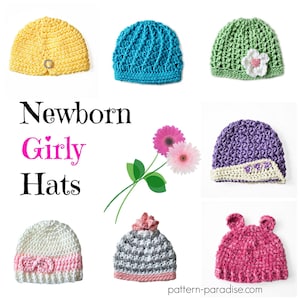 Crochet Pattern 7 Newborn Baby Girl Hats Beanie Bonnet