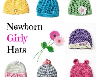 May include: A collection of 7 crocheted hats for newborns in various colors and styles, including pink, purple, blue, green, yellow, and white. The hats feature different embellishments, such as bows, flowers, and ear flaps. The image includes the text "Newborn Girly Hats".