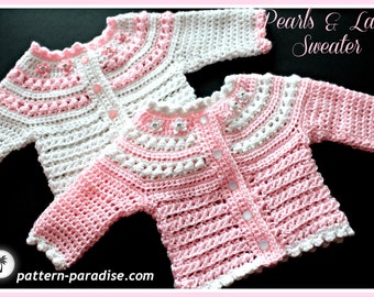 Crochet Pattern, Cardigan Sweater, Pearls and Lace Newborn to 6 months  PDF 14-138