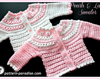 Patron Crochet, Pull Cardigan, Perles et Dentelle Naissance à 6 mois PDF 14-138