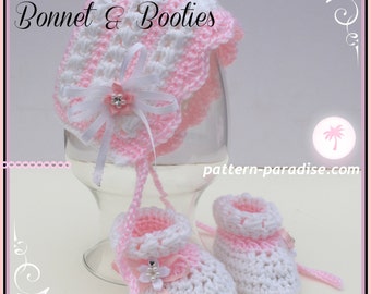 Crochet Pattern Baby Bonnet and Booties; Pearls and Lace PDF 14-137 INSTANT DOWNLOAD