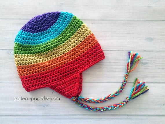Crochet Pattern for Easy Earflap Hat Beanie, Rainbow, Child