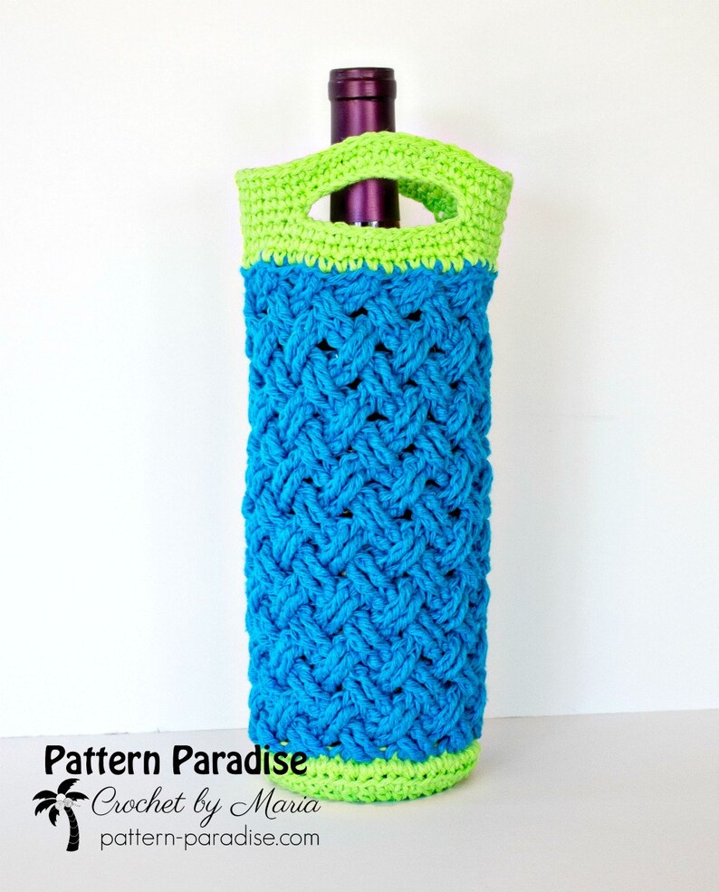 May include: A crocheted wine bottle holder with a green handle and a blue and green chevron pattern. The text "Pattern Paradise Crochet by Maria pattern-paradise.com" is at the bottom of the image.