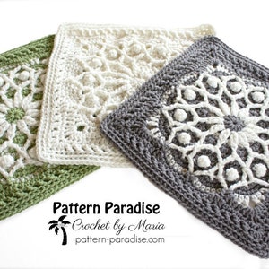 May include: Three square crochet pieces in shades of green, white, and gray. Each features a detailed floral design in the center. The text "Pattern Paradise Crochet by Maria" is visible in the lower right corner.