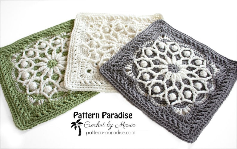 May include: Three square crochet pieces in shades of green, white, and gray. Each features a detailed floral design in the center. The text "Pattern Paradise Crochet by Maria" is visible in the lower right corner.
