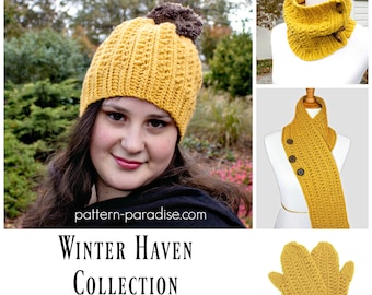 Crochet Pattern for Winter Haven Collection, Hat, Scarf, Mittens, Cowl for Toddler, Child, Adult