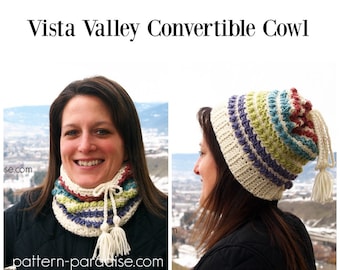 Crochet Pattern Cowl Scarf Hat, Vista Valley PDF 16-A