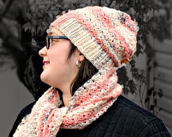 Crochet Pattern for Beanie Hat and Scarf Set, Adult Hat, Adult Beanie, Slouchy, Elegant Scarf