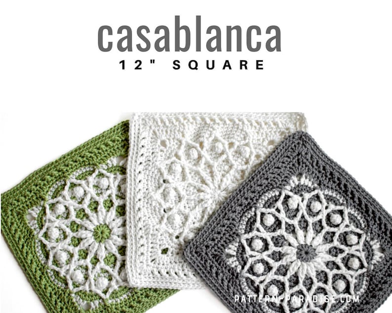 May include: Three 12-inch (30.48 cm) crochet squares in white, green, and gray. Each square features a detailed, openwork design with a central floral motif. The word "casablanca" and "12" SQUARE" are printed at the top.