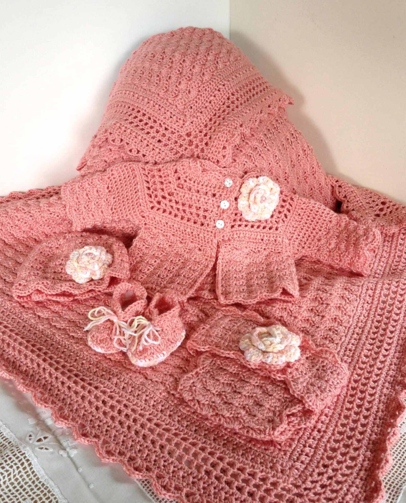 Crochet Pattern Baby Layette 5 Pieces Blanket Sweater Etsy