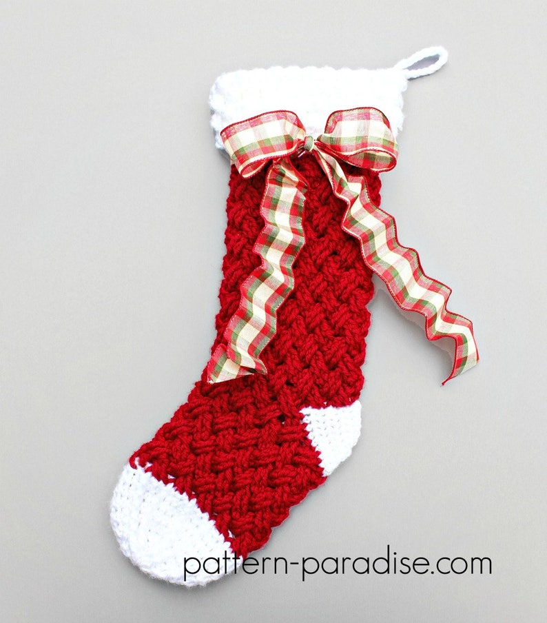 Crochet Pattern for Christmas Stocking, basket celtic weave PDF14-152 INSTANT DOWNLOAD image 1