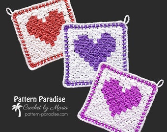 Crochet Pattern Washcloth, Dishcloth, Dishtowel, Dish Cloth, Wash Cloth, Heart Motif, Valentine's Day, C2C, Corner to Corner