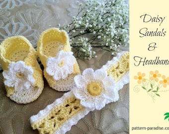 Crochet Pattern for Baby Booties and Headband, Daisy Booties Sandals and Headband Set for Baby Girl, PDF 12-024 INSTANT DOWNLOAD