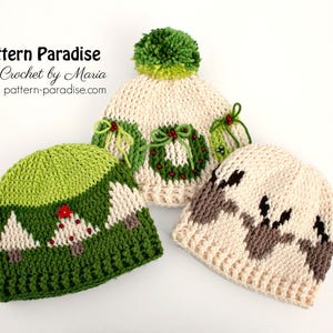 Crochet Pattern for Beanie with Christmas Design, Reindeer, Christmas Tree, Christmas Wreath, Toddler Child and Adult PDF 17-348
