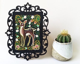 Baby Deer Hand-Painted Folk Art, 5x7 Rustic Wood Painting, Handmade Deer Gift