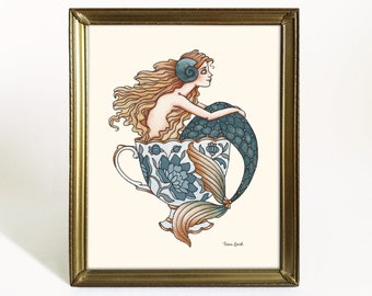 Teacup Mermaid Art Print - 8x10 Watercolor Painting Print - Vintage Mermaid Art - Mermaid Decor