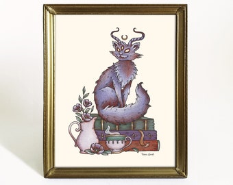 Witchy Cat Art Print - 8x10 Watercolor Painting Print - Witch Familiar Art - Witchy House Decor