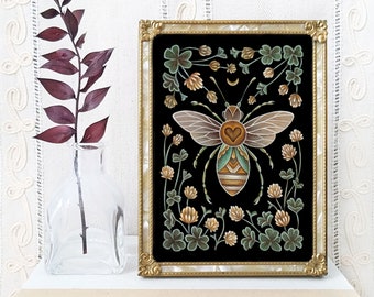 Honey Bee Art Print - Original Watercolor Painting Giclée - Whimsical Gothic Folk Art Bee Decor