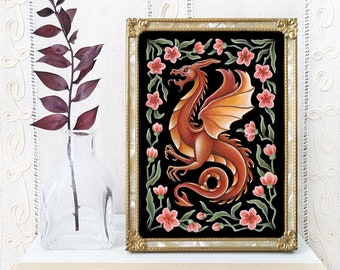 Lámina artística de dragón - Pintura original en acuarela Giclée - Decoración de dragón de arte folclórico gótico y caprichoso