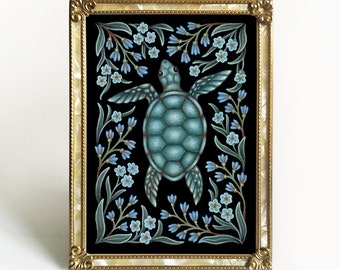 Sea Turtle Folk Art Print - Original Watercolor Painting Giclée - Traditional Handmade Slavic Floral Wall Decor