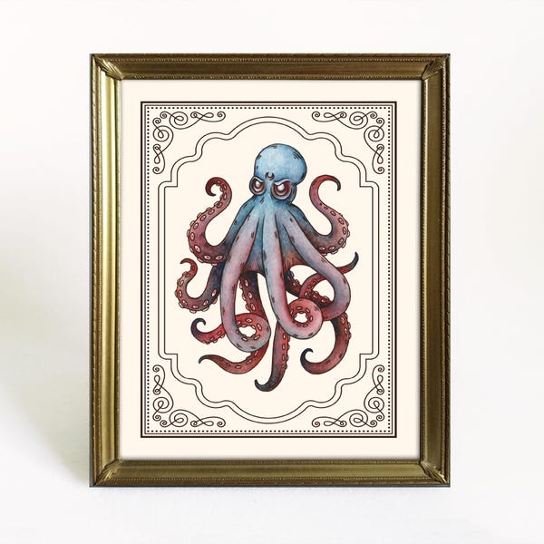 Lámina artística de monstruo marino (Chudo-Yudo) - Pintura original en acuarela Giclée - Ilustración tradicional hecha a mano del folclore eslavo