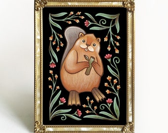 Beaver Folk Art Print - Original Watercolor Painting Giclée - Traditional Handmade Slavic Floral Wall Decor