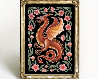 Drachen Folk Art Print - Original Aquarell Malerei Giclée - Traditionelle handgemachte slawische Blumenwanddekoration