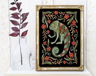 Chameleon Art Print - Original Watercolor Painting Giclée - Whimsical Gothic Folk Art Chameleon Decor
