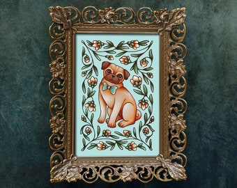 Pug Art Print - 5x7 Watercolor Painting Print - Pug Folk Gift