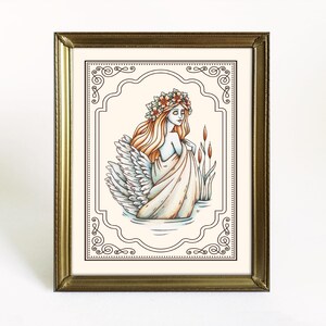 May include: A framed illustration featuring a figure with long orange hair, a floral crown, and large white wings, draped in a light-colored cloth. The figure is positioned in water next to cattails, enclosed in a decorative border with scrollwork.