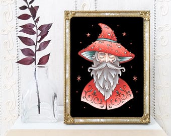 Mister Mushroom Art Print - Original Watercolor Painting Giclée - Fairy Toadstool Folk Art - Handmade Gothic Cottagecore Decor