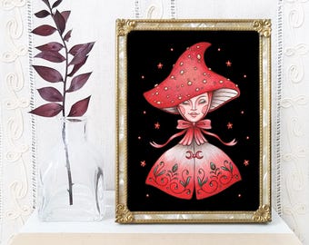 Lady Mushroom Art Print - Original Watercolor Painting Giclée - Magic Fairy Folk Art - Handmade Gothic Cottagecore Decor