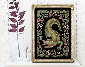 Crocodile Art Print - Original Watercolor Painting Giclée - Whimsical Gothic Folk Art Crocodile Decor