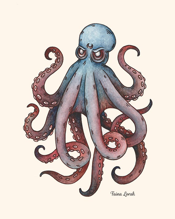 Kraken Octopus Art Print 8x10 Watercolor Painting Print Witchy Octopus Art  Esoteric Kraken Decor 