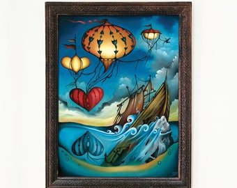 Cheerful Heart Oil Painting - 18x24 Framed Original Artwork - Handmade Spiritual Surrealism Art
