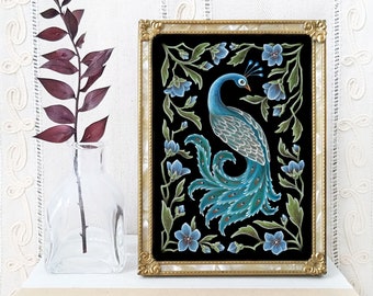 Peacock Art Print - Original Watercolor Painting Giclée - Whimsical Gothic Folk Art Peacock Decor