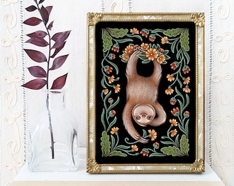 Sloth Art Print - Watercolor Painting Print - Rustic Sloth Decor - Sloth Gift - Sloth Folk Art