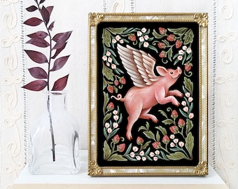 Flying Pig Art Print - Original Watercolor Painting Giclée - Whimsical Gothic Folk Art Pig Decor