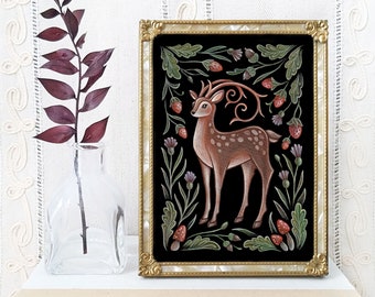 Baby Deer Art Print - Watercolor Painting Print - Fawn and Flowers - Deer Folk Art