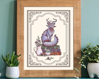 Literary Cat Art Print - Original Watercolor Painting Giclée - Traditional Handmade Slavic Cat Illustration