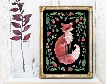 Fox Art Print - Original Watercolor Painting Giclée - Whimsical Gothic Folk Art Fox Decor