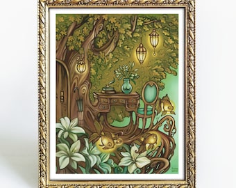 Among Lilies - 11x14 Oil Painting Print - Tree House Art - Sacred Grove Art - Tree of Life
