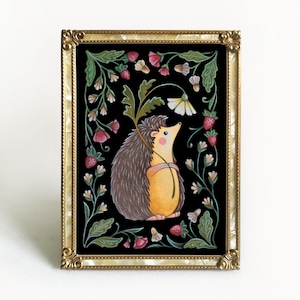 Hedgehog Folk Art Print - Original Watercolor Painting Giclée - Traditional Handmade Slavic Floral Wall Decor
